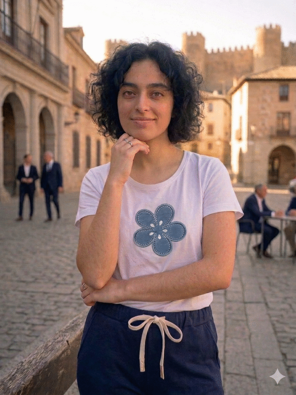 CAMISETA ALGODÓN BLANCA FLOR AZUL
