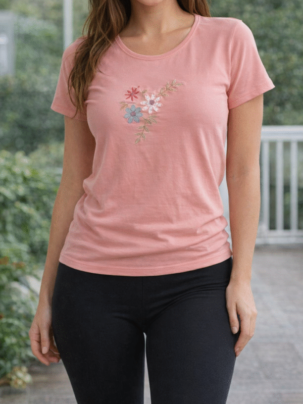 CAMISETA ALGODÓN BORDADA FLORES ROSA